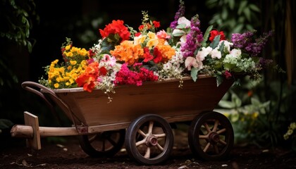 Fototapeta na wymiar Colorful Flowers Piled High in Wooden Wheelbarrow