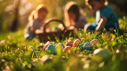 Easter hunt holiday celebration lifestyle, children enjoy eggs hunting looking for hidden colorful decorated eggs sitting against sunlight in spring field in wild meadow park, kids outdoor activities - obrazy, fototapety, plakaty