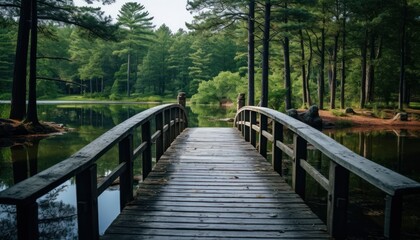 Obraz premium Wooden Bridge Over a Body of Water, A Serene Path Connecting Two Sides