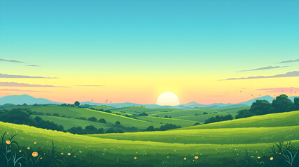 Beautiful Land space, Vector illustration of beautiful summer fields landscape with a dawn, green hills, bright color blue sky, country background in flat cartoon style banner, Generative Ai 