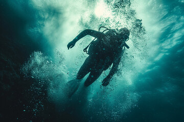 An underwater view of a diver entering the water with minimal splash, highlighting the precision and skill of the entry.