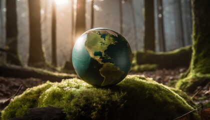 Obraz na płótnie Canvas Earth Day - Environment - Green clear glass Globe In Forest With Moss And Defocused Abstract Sunlight 