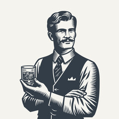 Nicely groomed gentleman in a vest holding a whisky glass. Black and white vintage woodcut style vector illustration.