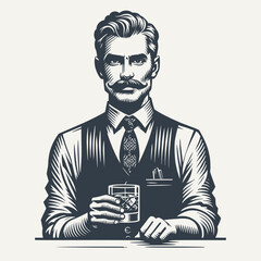 Nicely groomed gentleman in a vest holding a glass of drink. Black and white vintage woodcut style vector illustration. - obrazy, fototapety, plakaty