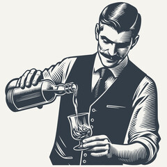 Nicely groomed bartender in a vest pouring a drink from a bottle to a glass. Black and white vintage woodcut style vector illustration. - obrazy, fototapety, plakaty