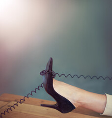 Shoes, table or relax woman with telephone cable in office for networking, consultation or...