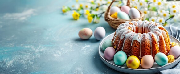 Easter cake and colored eggs with pussy willow on a blue background, with copy space, banner - 707170768