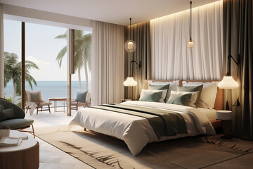 The design of the bedroom with green army nuance with a spacious room. Modern minimalist bedroom interior design. Aesthetic luxury room decoration and unique furniture and eye-catching