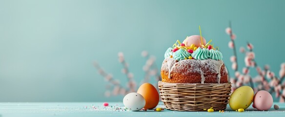 Easter cake and colored eggs with pussy willow on a blue background, with copy space, banner - 707171111