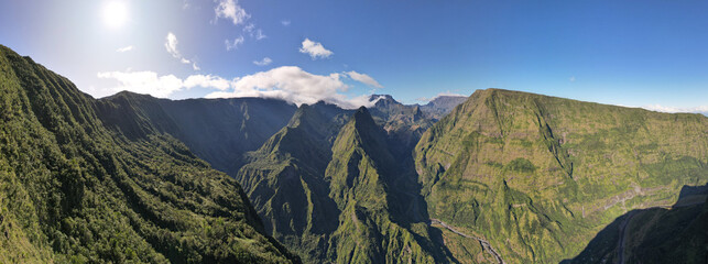 The Cap Noir Belvedere and Roche Verre Bouteille, aerial view by drone of the Cirque de Mafate, Reunion Island - obrazy, fototapety, plakaty