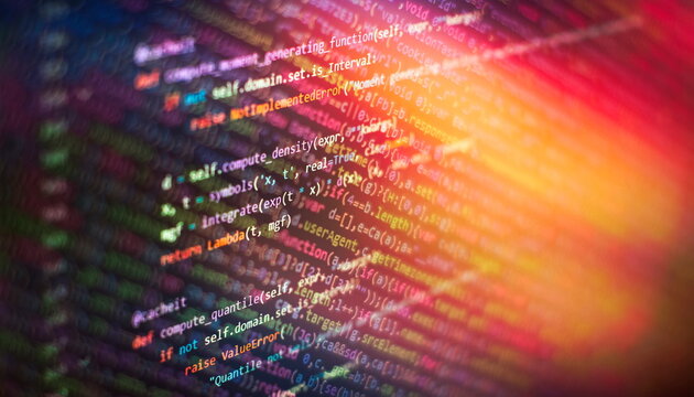Programming code screen of software developer. Software Programming Work Time. Code text written and created