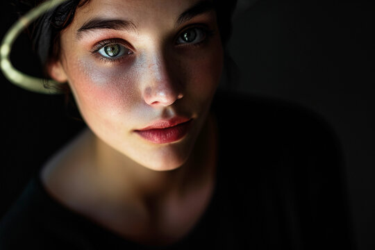 Portrait Of A Woman, Soft Backlighting, High Contrast, Glowing Skin, Sharp Eyes