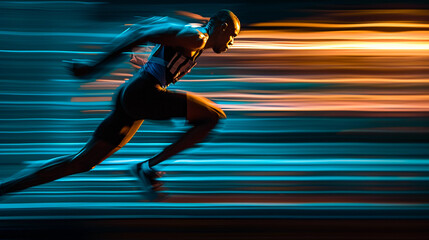 Dynamic illuminated action portrait, sprinter mid-stride, LED panels casting dynamic shadows