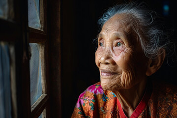 Elderly woman profile portrait, wrinkles telling a story, traditional attire - obrazy, fototapety, plakaty