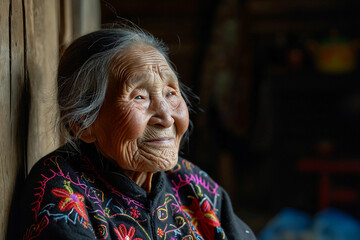 Obraz premium Elderly woman profile portrait, wrinkles telling a story, traditional attire