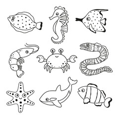 outline sea animals, cute cartoon characters set, ocean fishes, crab, shrimp, killer whale, moray eel and starfish isolated on white