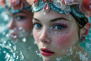 Close-up of artistic swimmers’ faces, wearing ornate makeup and headpieces, as they emerge gracefully from the water. 