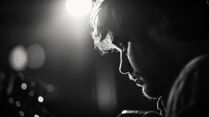 shadowy portrait of a musician, strong backlight creating a halo effect, focus on the eyes - obrazy, fototapety, plakaty