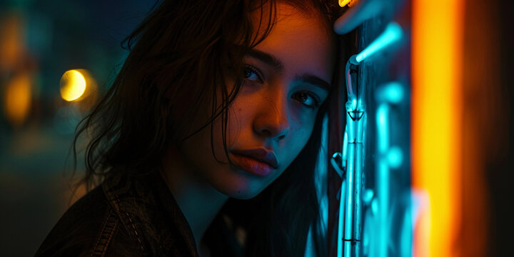 Shadowy portrait in an urban setting, half-face lit by a neon sign