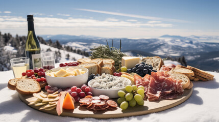 Traditional Italian food and drink outdoor in sunny winter day. Romantic alpine picnic in Dolomites...