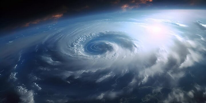 Hurricane from above, with clouds spiraling. The concept of the power and vast scale of natural disasters.