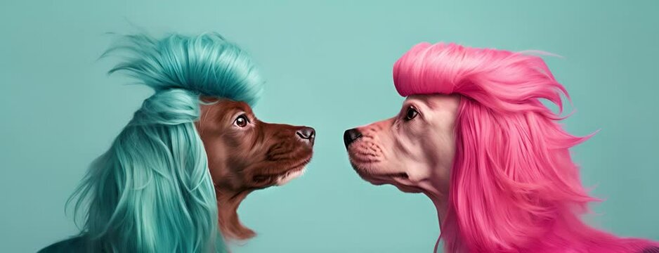 Two dogs with brightly colored hair looking at each other.