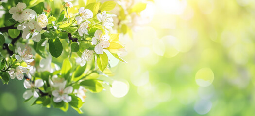 Spring nature freshness and renewal background. Flowering cherry apple tree branch in spring garden with bright white flowers on green bokeh background