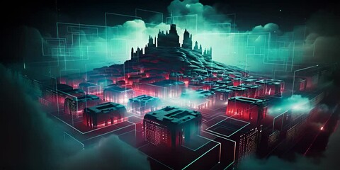 A digital landscape with red and blue neon lines depicting network and data. The concept of cybersecurity and technology.