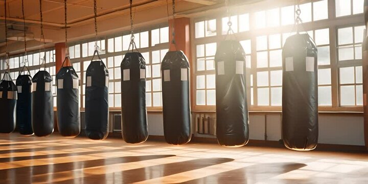 A row of punching bags in a floodlit gym, hanging on chains for training.