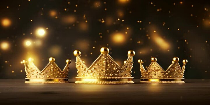 Golden crowns shine against a dark background with light glares. The concept of royal majesty and power.
