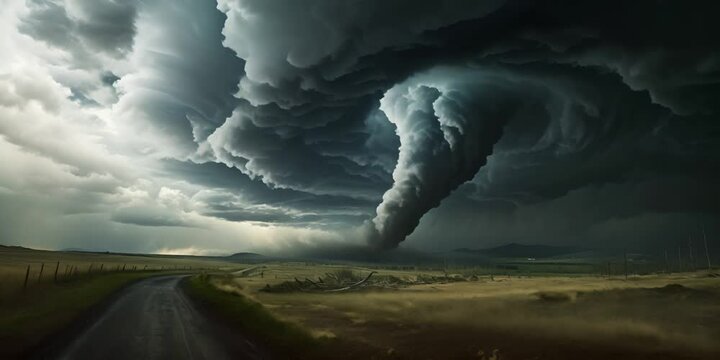 A powerful tornado against storm clouds over rural land, the threat of natural disasters. The concept of the power of nature and the danger of tornadoes.