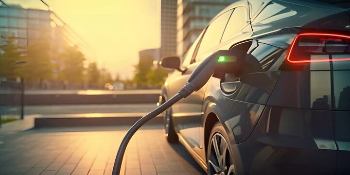 Electric car charging at a parking lot among urban buildings. The concept of alternative energy and eco-friendly transportation.