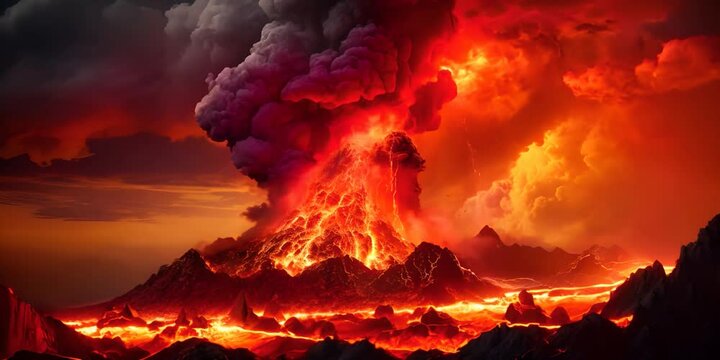 Volcanic eruption with lightning, surrounded by fiery light and smoke. The concept of power and destructive beauty of nature.