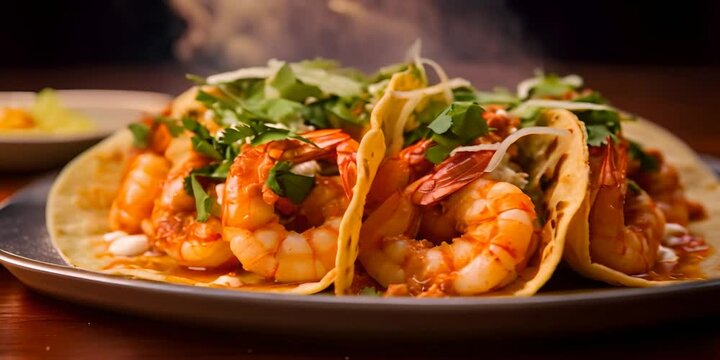 Shrimp tacos garnished with greens on a plate. The concept of Mexican cuisine.