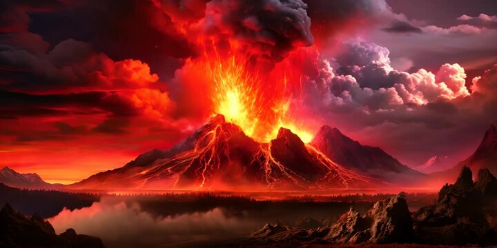 Volcanic eruption with lightning, surrounded by fiery light and smoke. The concept of power and destructive beauty of nature.