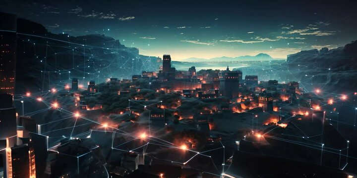 A city at night with skyscrapers connected by glowing digital lines. The concept of network integration and smart city.