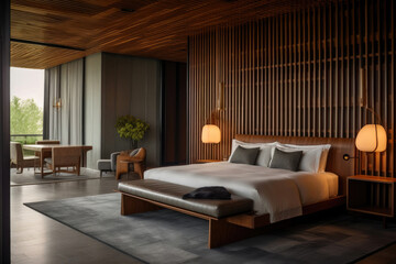 Sleek Hotel Room Interior: King Bed and Stylish Headboard