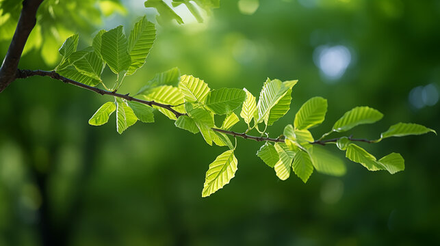 Sunlit Green Leaves on Tree Branch Close-up

