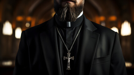 Katholischer Priester mit Bart und Rosenkranz in einer Kirche - obrazy, fototapety, plakaty
