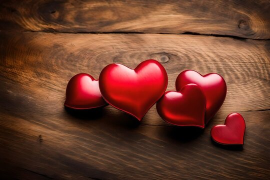 Picture a captivating stock photo featuring two hearts gracefully placed on a wooden background.

