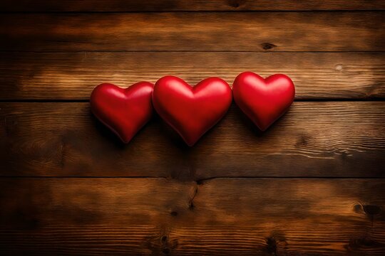 Picture a captivating stock photo featuring two hearts gracefully placed on a wooden background.

