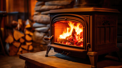 Woodland Warmth: Stove's Embrace in Log Cabin