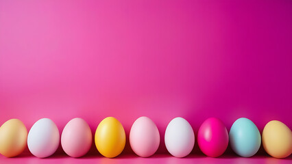 Multi-coloured easter eggs on pink backgrond with place for text