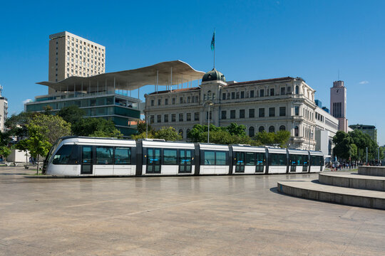 Mau&aacute; Square, Rio de Janeiro, Brazil. Modern tram passing through Mau&aacute; square. 