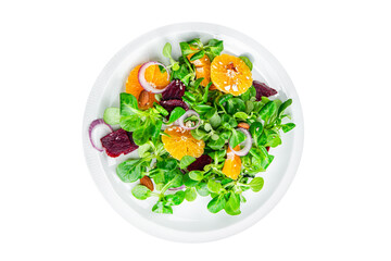 salad citrus tangerine, beet, green leaf lettuce, onion fresh eating meal food snack on the table copy space food background top view