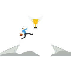 Win business. Businesswoman jumping to grab a trophy

