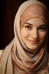 Close-Up of a Radiant Muslim Woman Wearing a Hijab, Embodying Femininity and Tradition in Islam