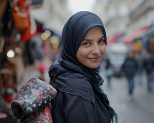 Close-Up of a Radiant Muslim Woman Wearing a Hijab, Embodying Femininity and Tradition in Islam