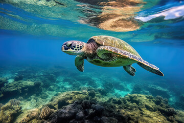 Fototapeta premium Turtle swimming in the sea. Green sea tortoise swimming underwater