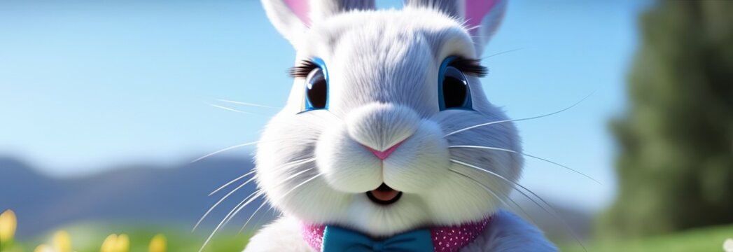 Cute Easter bunny rabbit close up portrait. Easter egg hunt concept. cartoon easter bunn